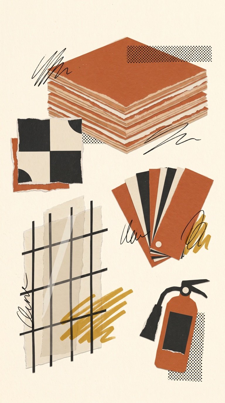 Paper collage of plywood, tile, laminate swatches, facade panel and fire safety equipment
