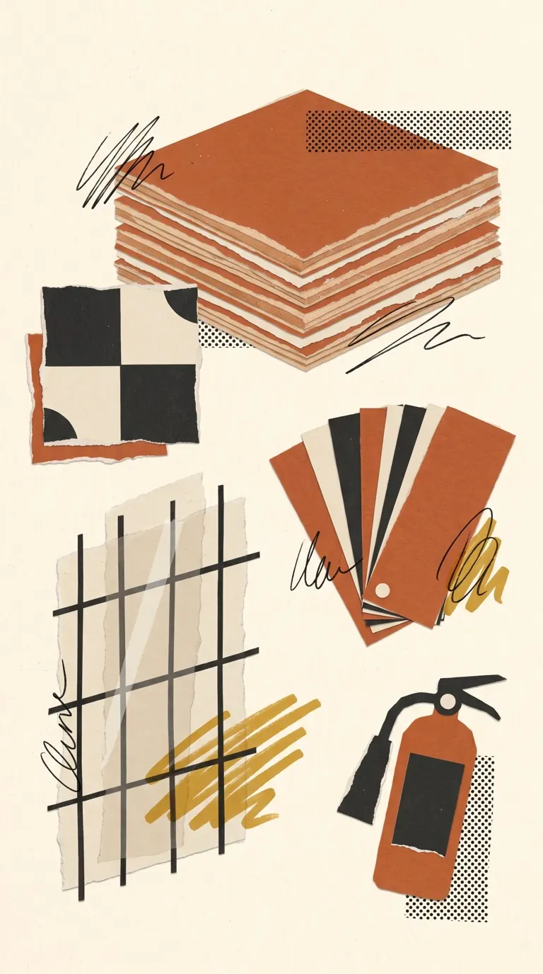 Paper collage of plywood, tile, laminate swatches, facade panel and fire safety equipment