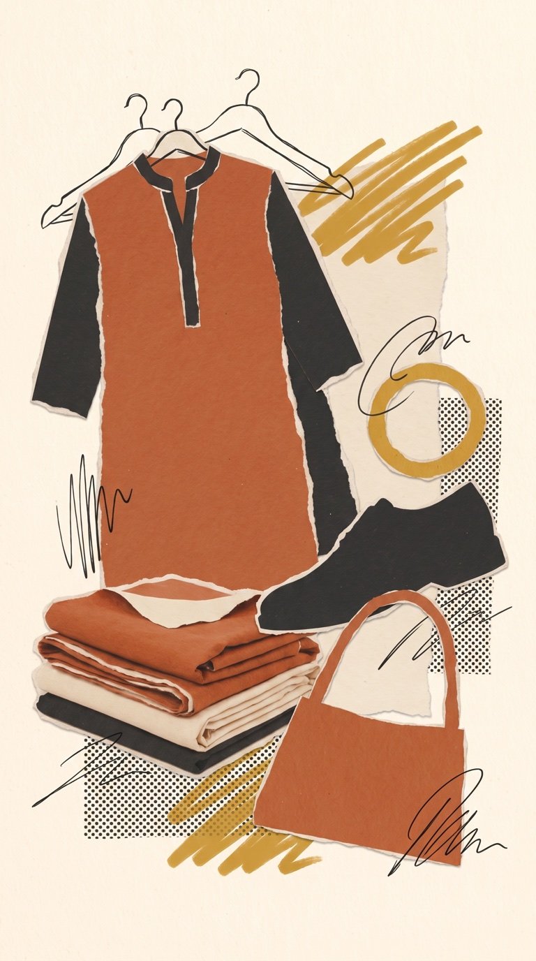 Paper collage of a garment on a hanger, folded fabric, shoe, handbag and bangle