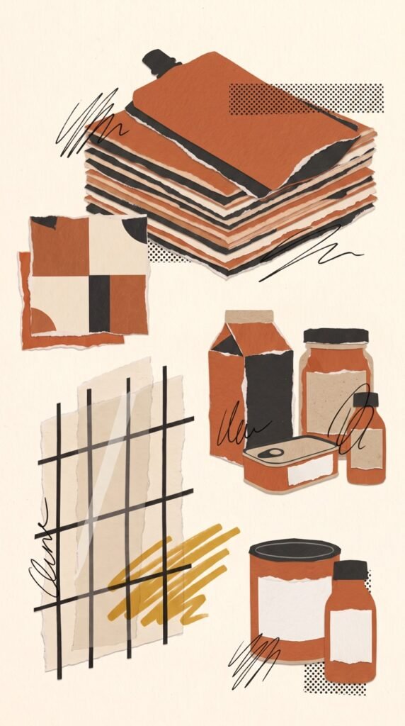 Paper collage of a pouch pack, tin, jar, carton and bottle