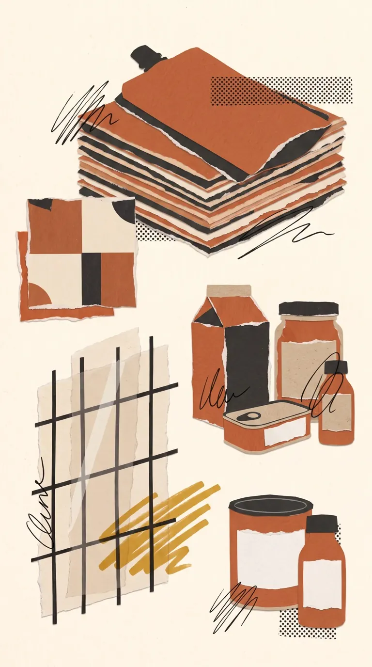 Paper collage of a pouch pack, tin, jar, carton and bottle