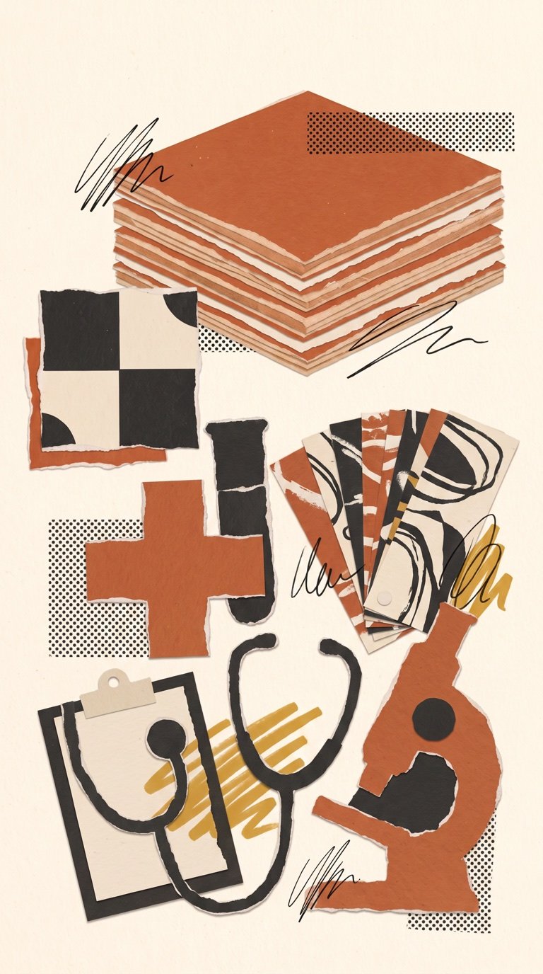 Paper collage of a medical cross, test tube, stethoscope, chart and microscope