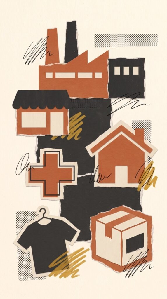 Paper collage of a factory, shopfront, medical cross, house, garment and carton