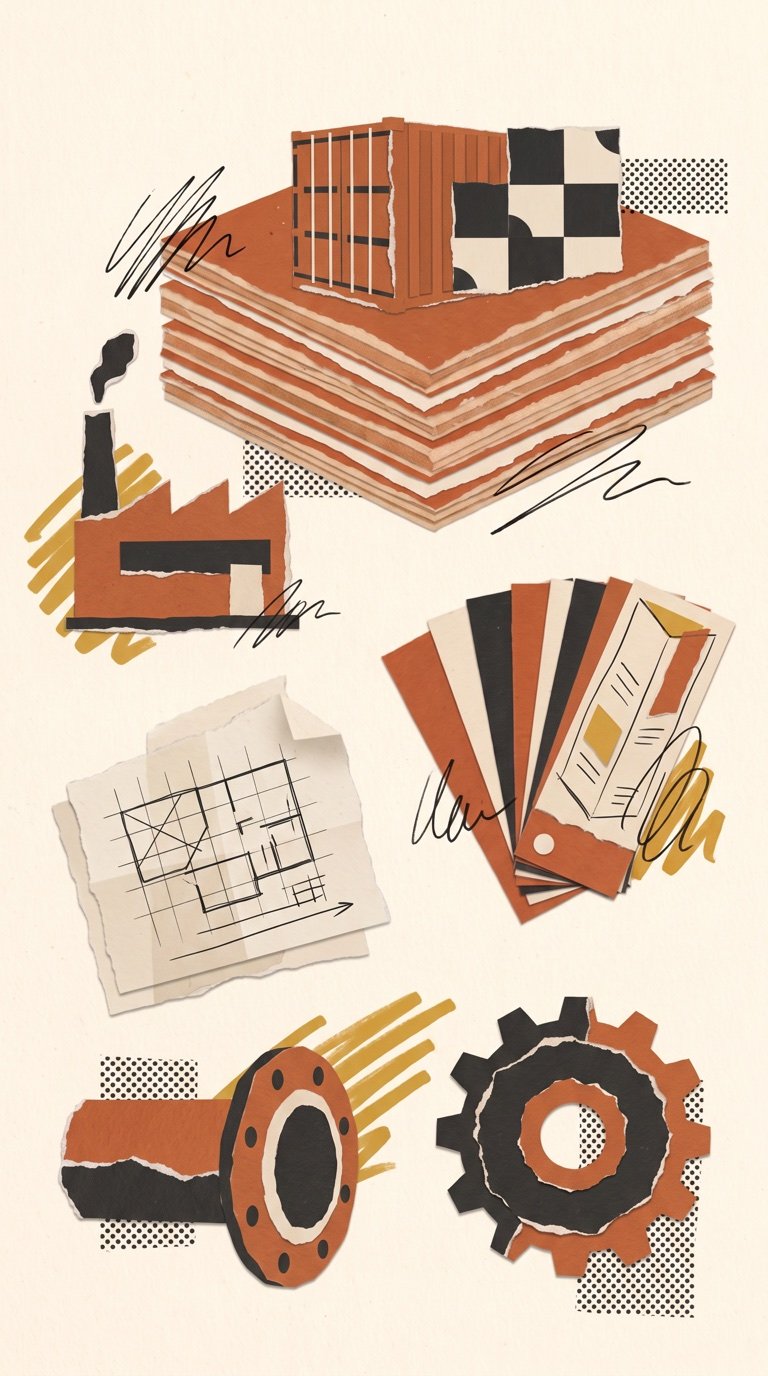Paper collage of a factory, gear wheel, shipping container, steel pipe and blueprint