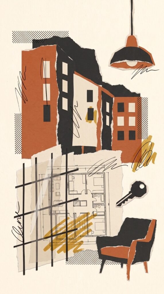 Paper collage of apartment buildings, a floor plan, a key, an armchair and a pendant lamp