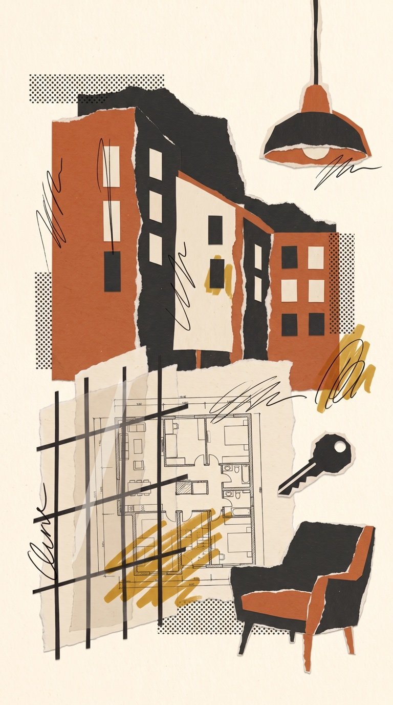 Paper collage of apartment buildings, a floor plan, a key, an armchair and a pendant lamp