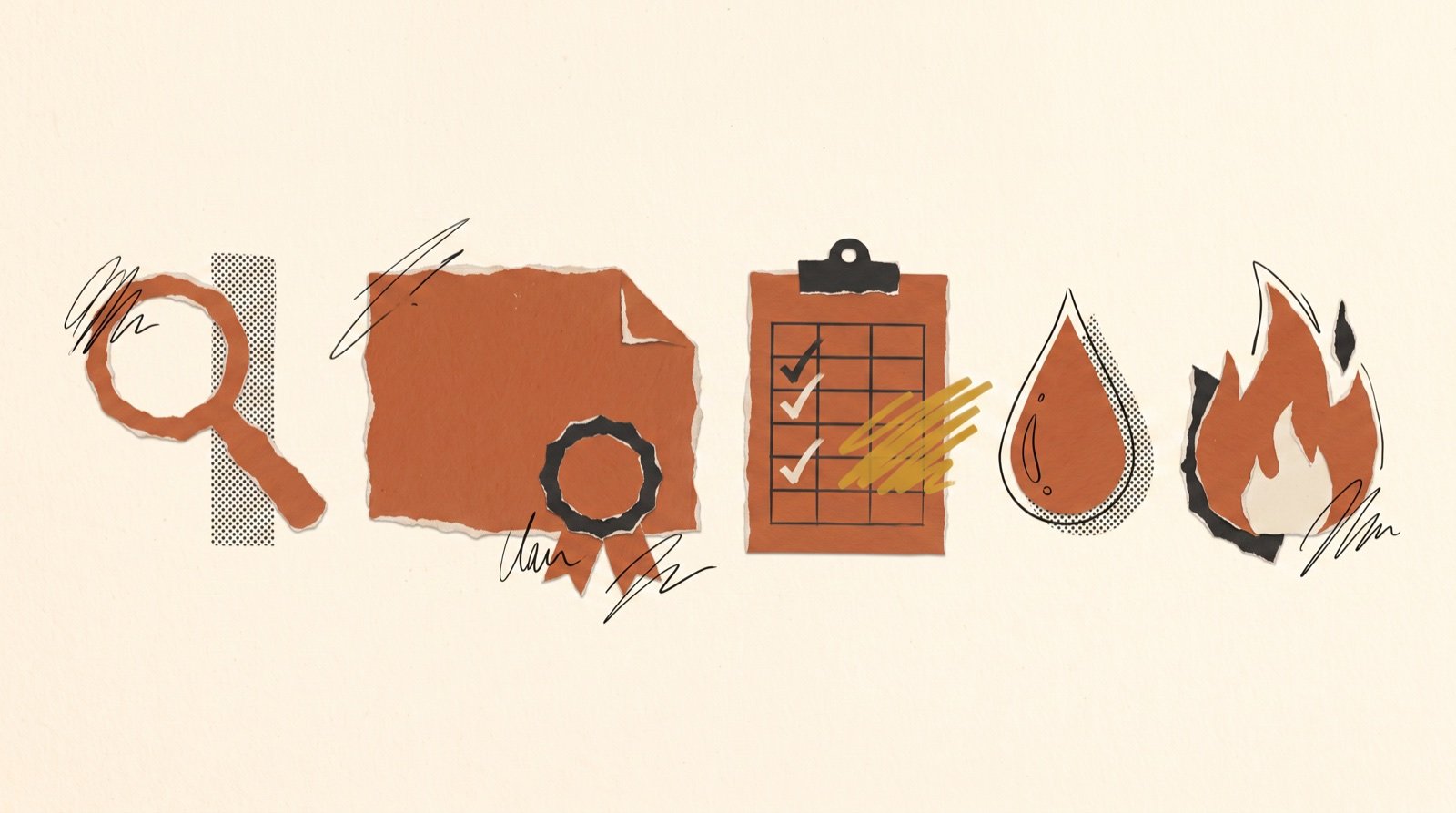 Paper collage representing certification, testing and technical proof in building materials