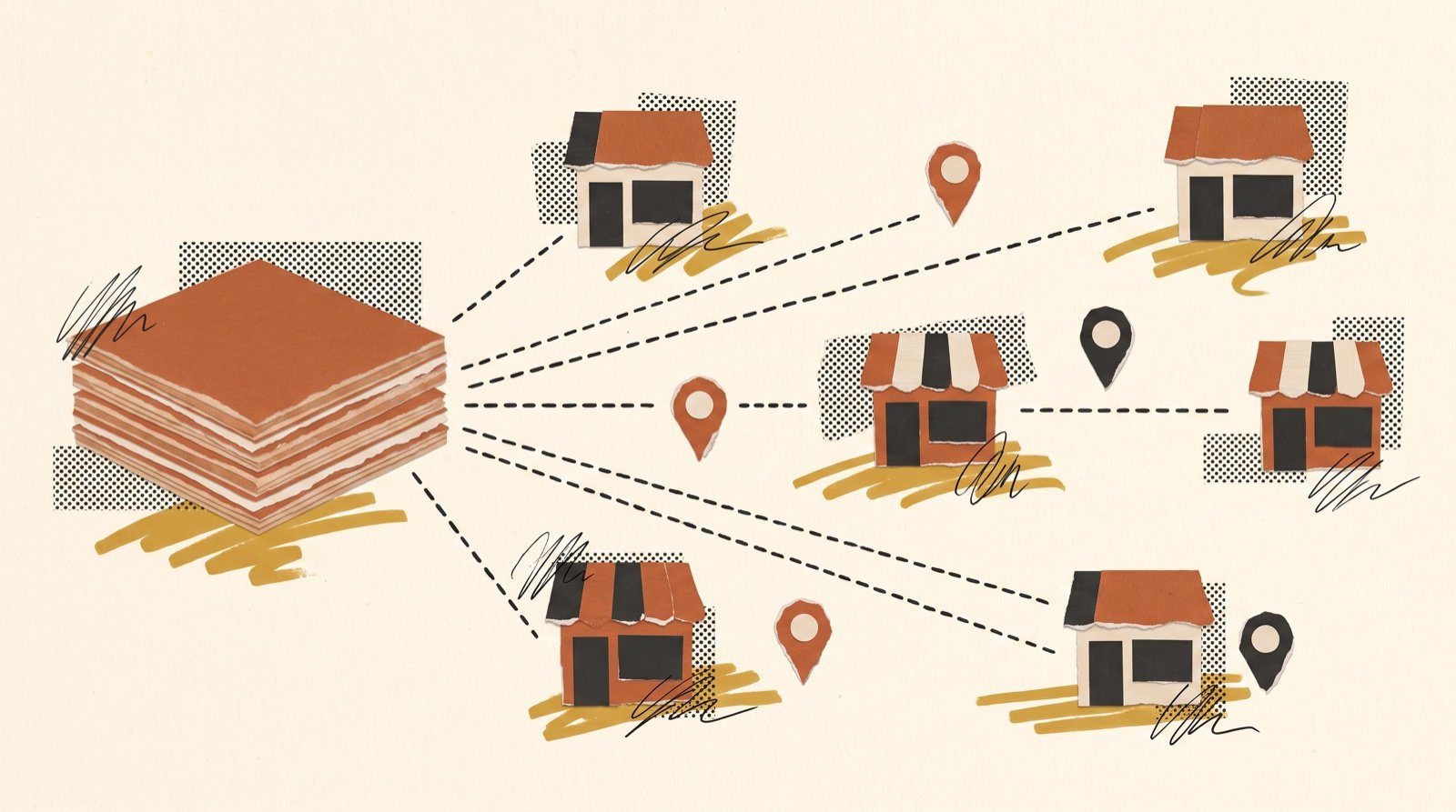 Paper collage of a distribution network connecting a warehouse to local dealer shopfronts