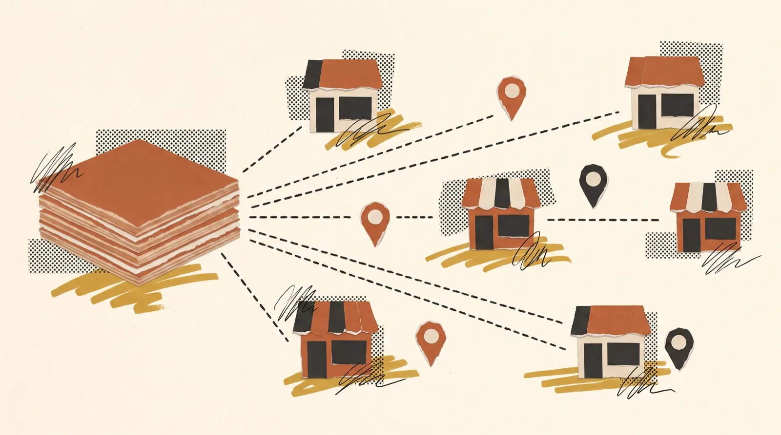 Paper collage of a distribution network connecting a warehouse to local dealer shopfronts
